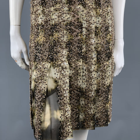 OSCAR DE LA RENTA Size 2 Green Tie Dye Taupe Embroidered Beaded Cocktail Dress
