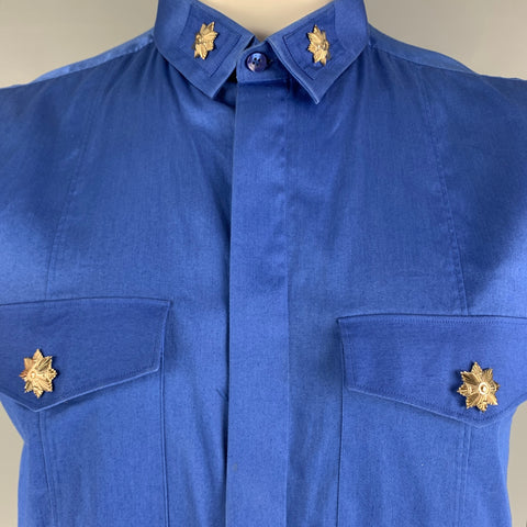 VERSACE COLLECTION Size XL Royal Blue Solid Cotton / Elastane Short Sleeve Shirt