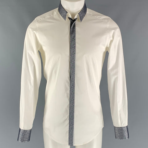 DOLCE &amp; GABBANA Taille S Chemise à manches longues en coton uni blanc et gris avec patte cachée