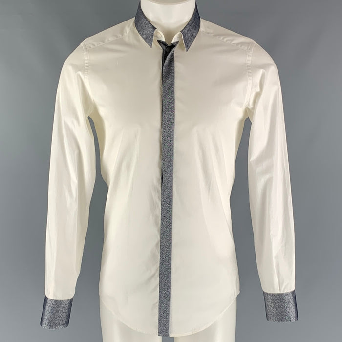 DOLCE &amp; GABBANA Camisa de manga larga con tapeta oculta de algodón liso blanco y gris talla S