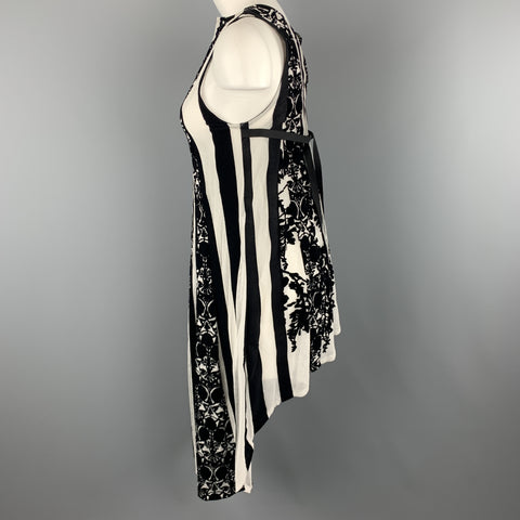 ANN DEMEULEMEESTER Size 4 Black & White Floral Mesh Stripe High Low Dress