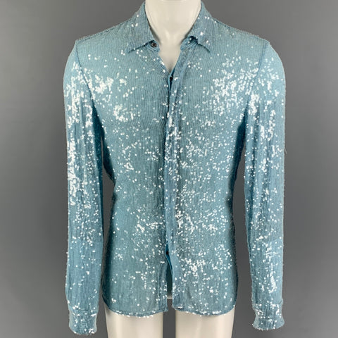 DRIES VAN NOTEN FW 22 Size S Light Blue Sequined Viscose Long Sleeve Shirt