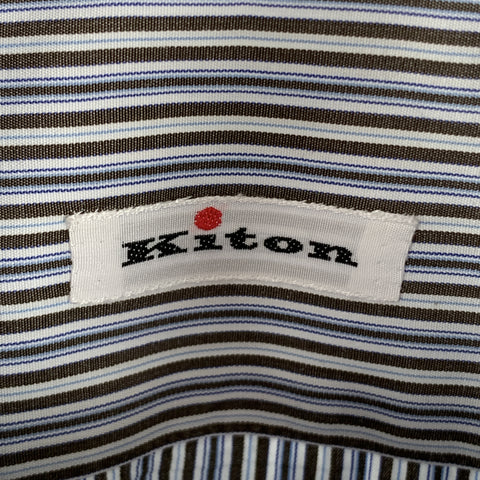 KITON Size S Brown & Blue Stripe Cotton Button Up Long Sleeve Shirt