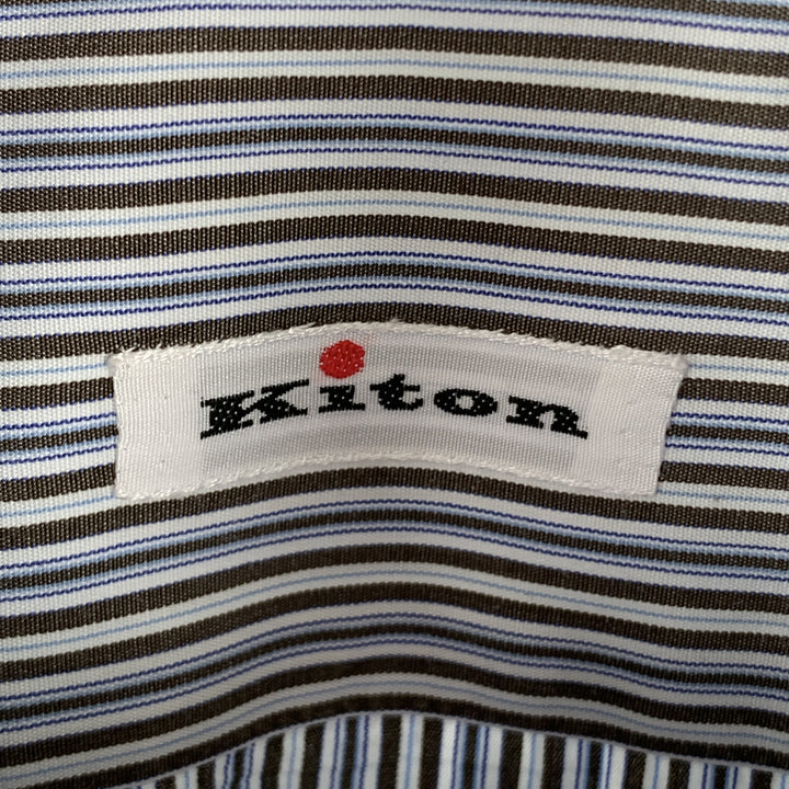 KITON Camisa de manga larga con botones de algodón a rayas marrones y azules talla S