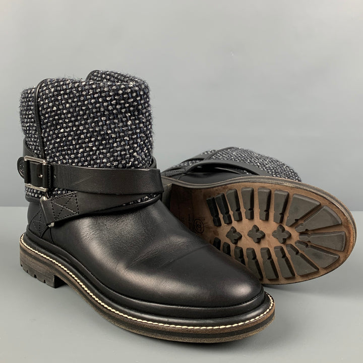 CHANEL Taille 7,5 Bottes à enfiler en tweed gris noir avec matériaux mélangés