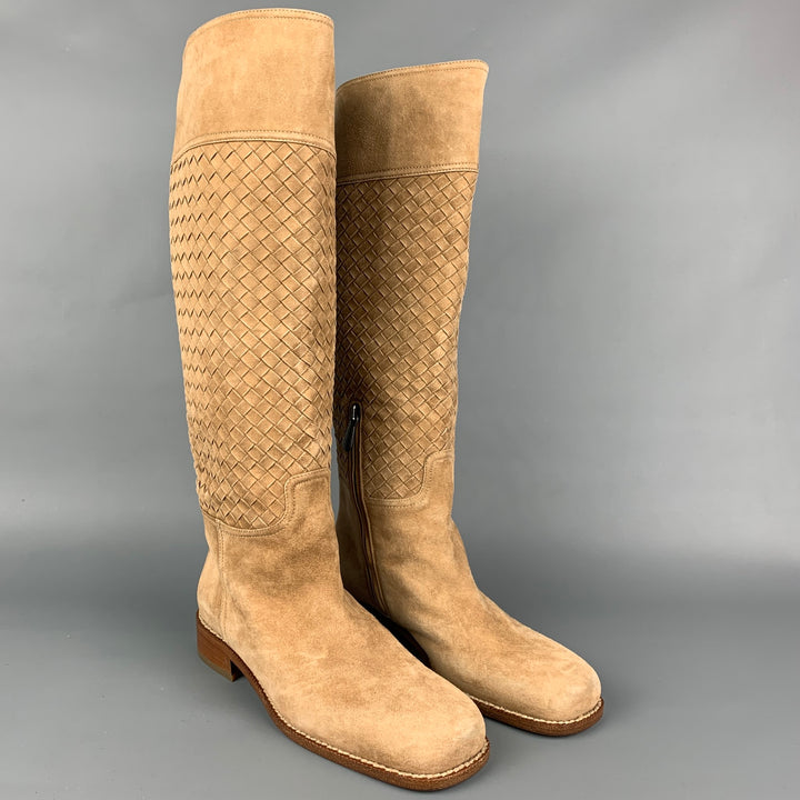 BOTTEGA VENETA Size 7 Beige Suede Woven Knee High Boots