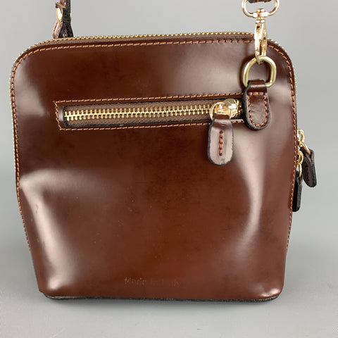 PRATESI Brown Leather Mini Gold Zipper & Plaque Square Crossbody Bag