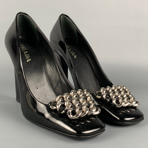 PRADA Size 7 Black Leather Chain Patent Leather Square Toe Pumps