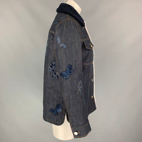 VALENTINO Size 6 Navy Embroidered Butterfly Cotton Sherling Collar Jacket