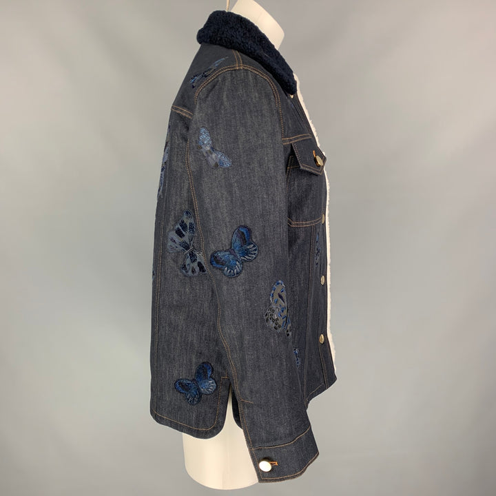VALENTINO Taille 6 Veste à col sherling en coton papillon brodé marine