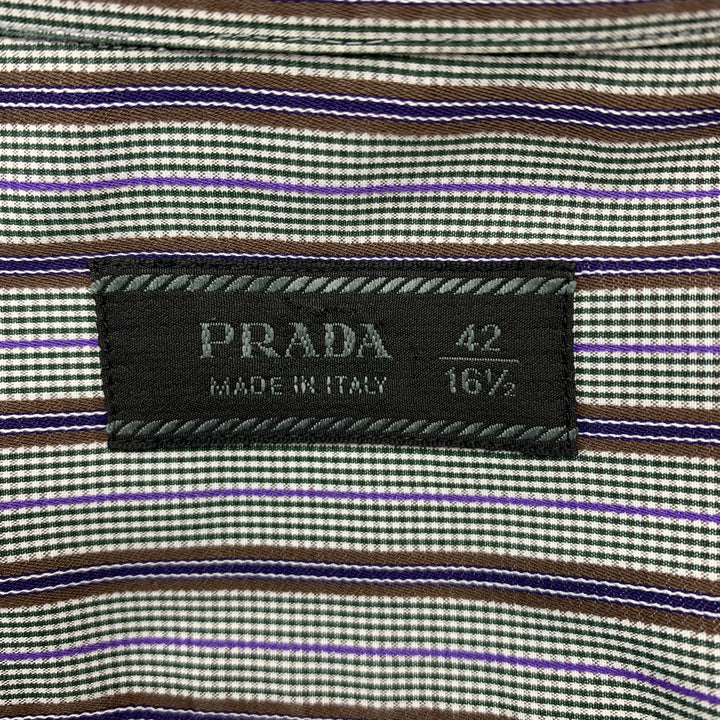 PRADA Size L Gray Brown Green & Purple Stripe Cotton  Long Sleeve Shirt