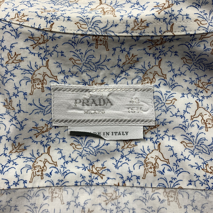 PRADA Size M Blue & Brown Print Cotton Button Up Long Sleeve Shirt