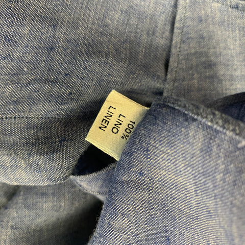 FINAMORE Size L Blue Linen Button Up Long Sleeve Shirt