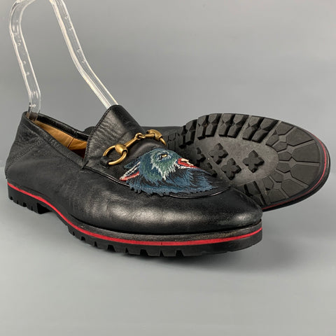 GUCCI Size 9.5 Black Wolf Patch Leather Slip On Loafers