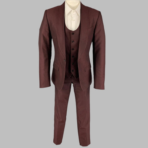 DOLCE & GABBANA Size 36 Burgundy Jacquard Wool Silk Shawl Collar 3 Piece Suit