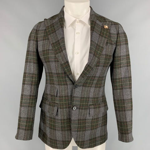 LUIGI BIANCHI Size 36 Grey & Olive Plaid Wool / Cashmere Sport Coat