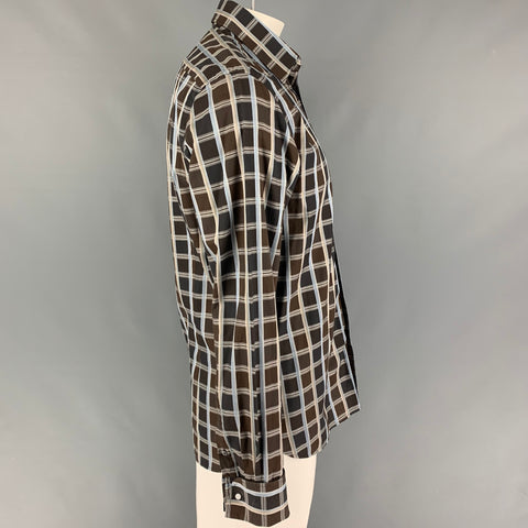 TED BAKER Size L Brown Beige Plaid Cotton French Cuff Long Sleeve Shirt