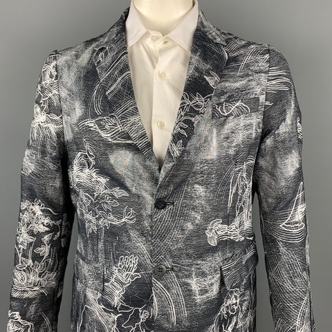 ANDREA CAMMAROSANO Size XL Black & White Jacquard Cotton Sport Coat