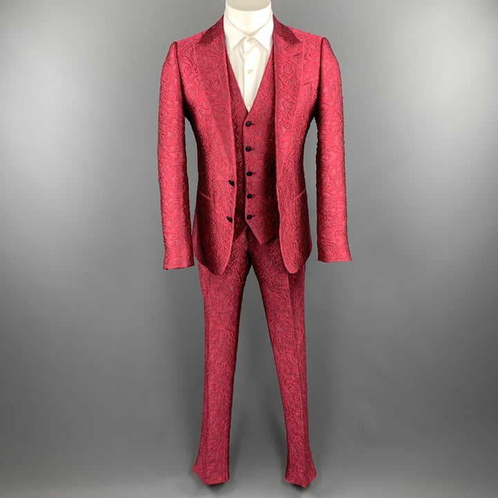 DOLCE & GABBANA Size 36 Raspberry Pink Brocade 3 Piece Peak Lapel Suit