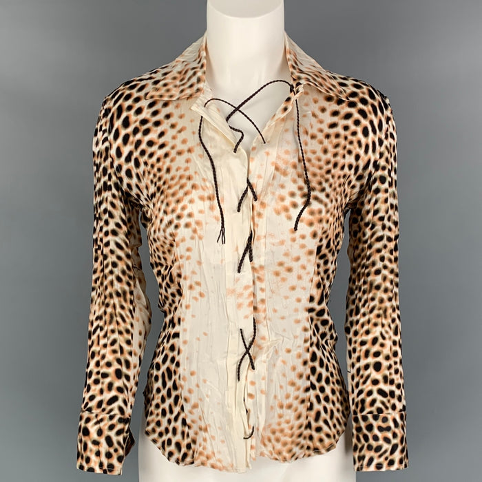 ROBERTO CAVALLI Size S Brown White Silk Dots Blouse