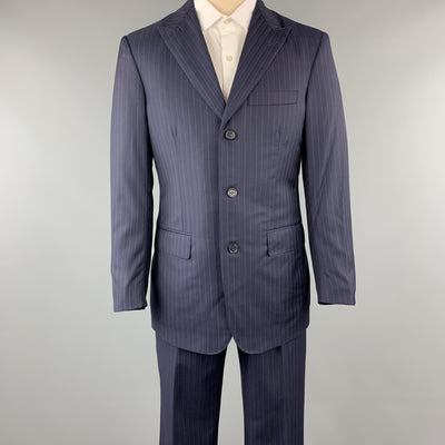 DAVID AUGUST Size 40 Navy & Pink Stripe Wool Peak Lapel 34 x 30 Suit