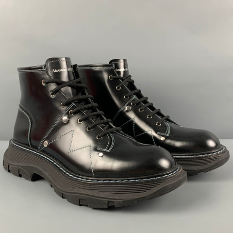 ALEXANDER MCQUEEN Size 11 Black Contrast Stitch Leather Lace Up Boots