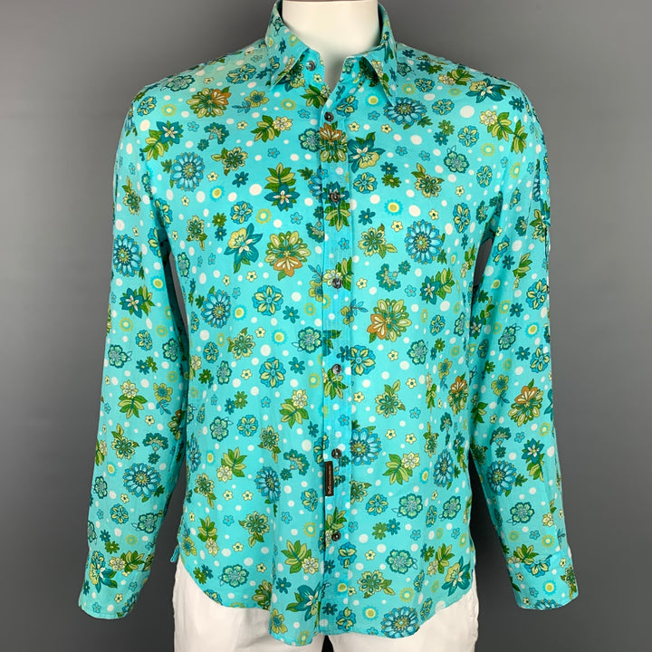 D&G by DOLCE & GABBANA Size L Aqua & Green Floral Cotton Long Sleeve Shirt