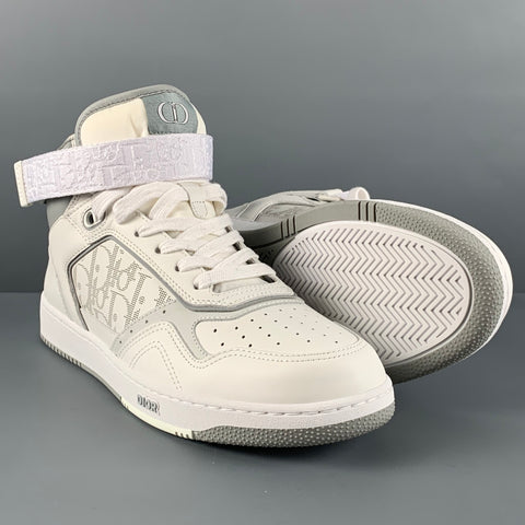 DIOR Size 8 White Grey Logo Leather High Top Sneakers
