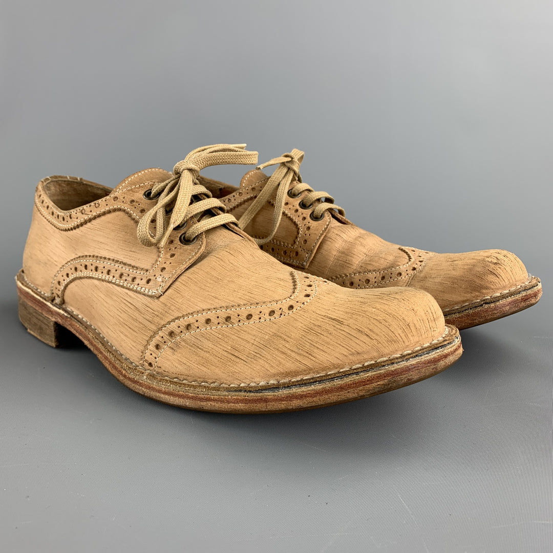 JOHN VARVATOS Talla 10.5 Zapatos con cordones y punta de ala de cuero perforado color canela