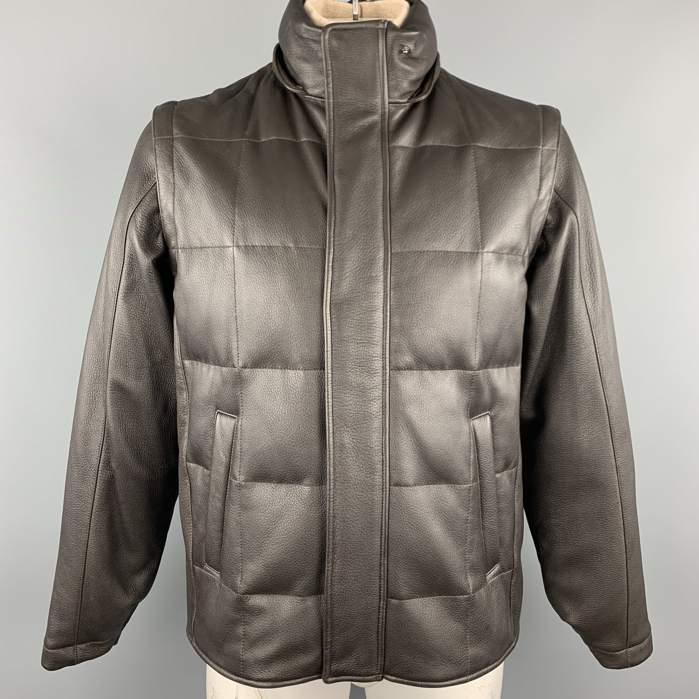 LORO PIANA Size L Brown Quilted Leather Zip Off Sleeve Fox Fur Hood Jacket