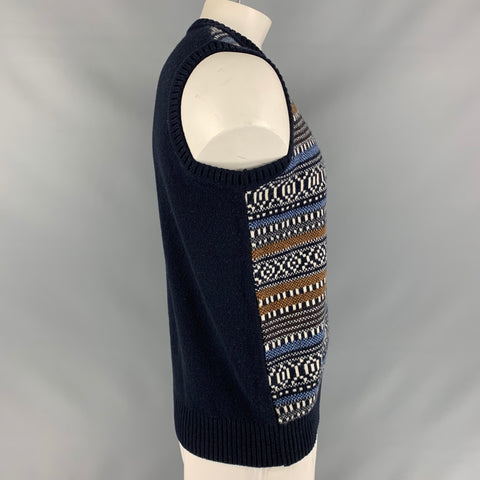 UNIVERSAL WORKS Size M Navy Multicolour Textured Wool / Polyamide Vest (Indoor)