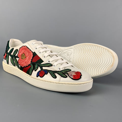 GUCCI Size 10 Multi-Color Leather Embroidered Low Top Sneakers