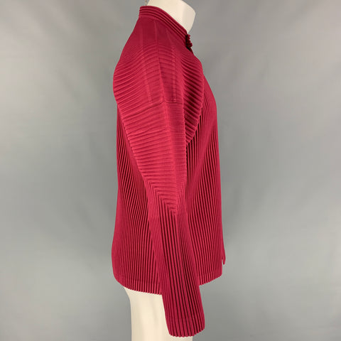 ISSEY MIYAKE HOMME PLISSE Size M Raspberry Pleated Polyester Band Collar Long Sleeve Shirt