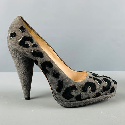 PRADA Size 5 Grey Black Suede Aplique Platform Pumps