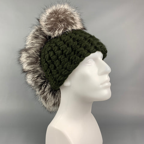 MISCHA LAMPERT Bonnet Pohawk XL en laine tricotée olive et marron