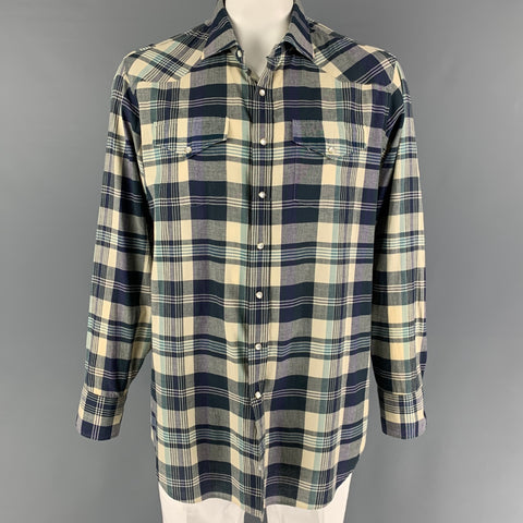 SID MASHBURN Size XL Navy Beige Plaid Cotton Long Sleeve Shirt
