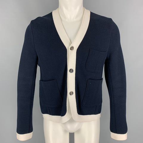 BLACK FLEECE Taille M Cardigan col en V en coton marine et blanc