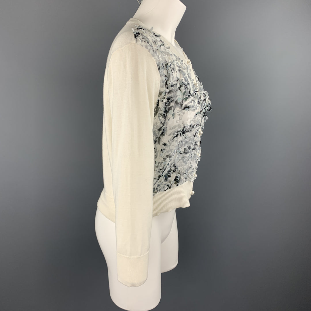 KARL LAGERFELD Size M White Knit Floral Textured Chiffon Front Cardigan