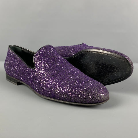 JIMMY CHOO Size 10.5 Purple Black Glitter Leather Slip On Loafers