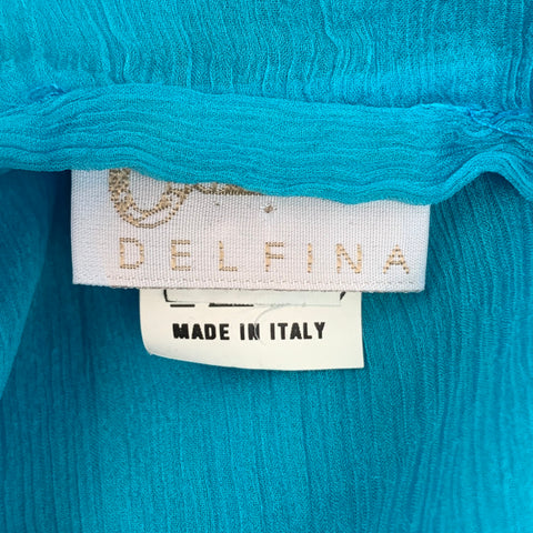 DELFINA Taille S Robe en shantung longueur genou en soie turquoise et perles
