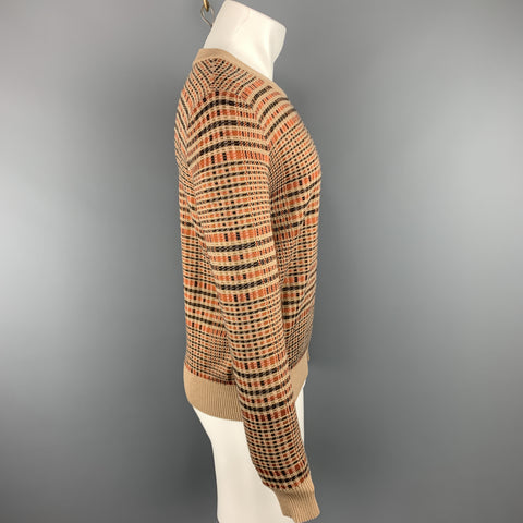 DRIES VAN NOTEN Size S Tan & Orange Plaid Wool Blend Crew-Neck Sweater