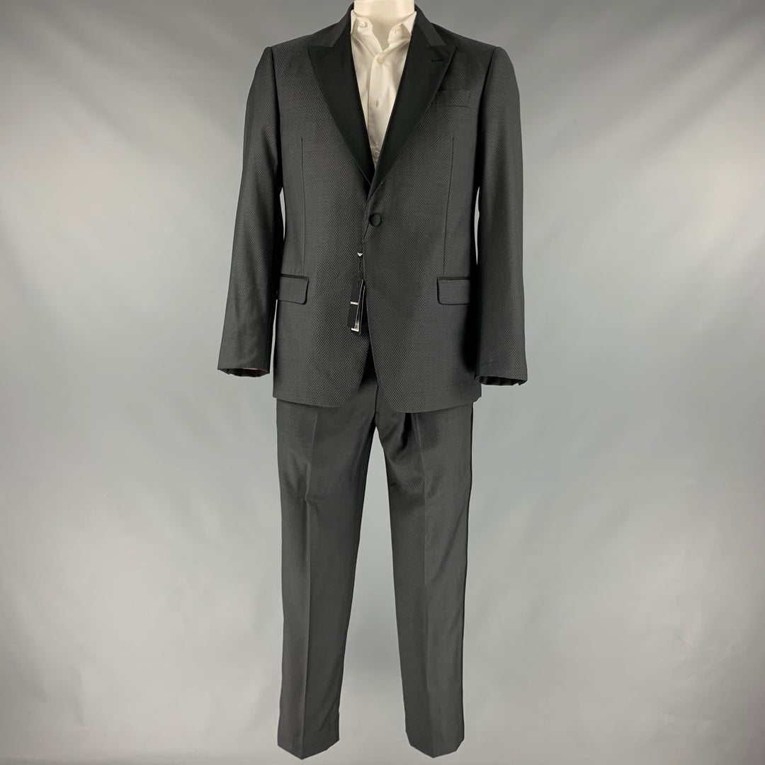 EMPORIO ARMANI Size 42 Grey Black Woven Wool Peak Lapel Tuxedo