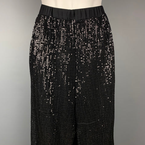 ST. JOHN COUTURE Taille L Pantalon habillé en polyester à paillettes noires avec ceinture élastique