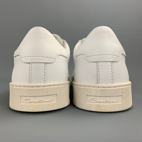 SANTONI Size 12 White Leather Rubber Sole Lace Up Sneakers