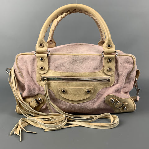 BALENCIAGA Rose & Beige Mixed Fabrics Leather Calf hair Handbag