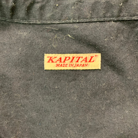 KAPITAL Size S Navy Cream Herringbone Cotton Nehru Collar Long Sleeve Shirt