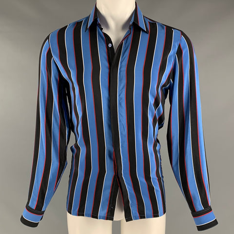 BOCCI Size M Blue Black Stripe Silk Hidden Placket Long Sleeve Shirt