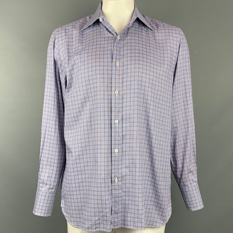 TOM FORD Size XL Navy & White Plaid Cotton Button Up Long Sleeve Shirt