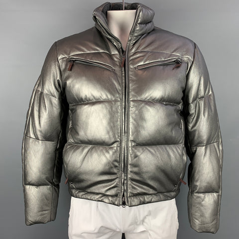 RLX by RALPH LAUREN Chaqueta con cuello alto de cuero metalizado plateado talla L