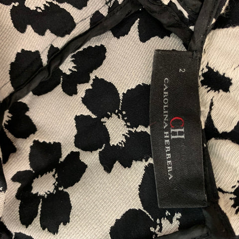 CAROLINA HERRERA Black & White Cotton Blend Floral Mid-Calf Dress